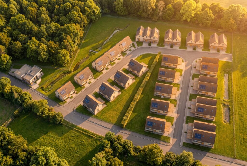 Letecký pohled na developerský projekt Heřmanický dvůr v Ostravě-Heřmanicích